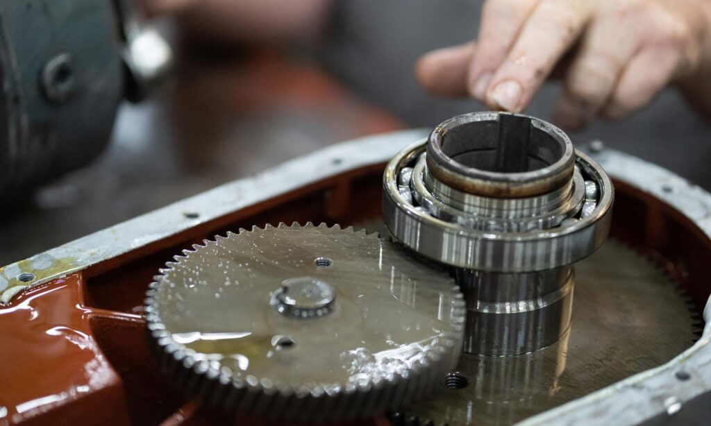 Inside detail of a small electric motor's gearbox.